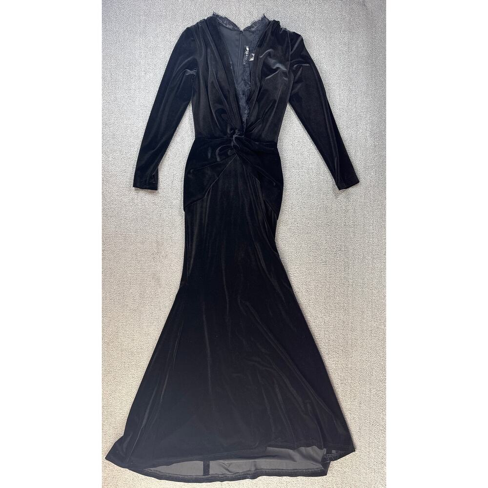 Nicole Bakti Black Velvet Long Sleeve Maxi Dress Morticia Adams